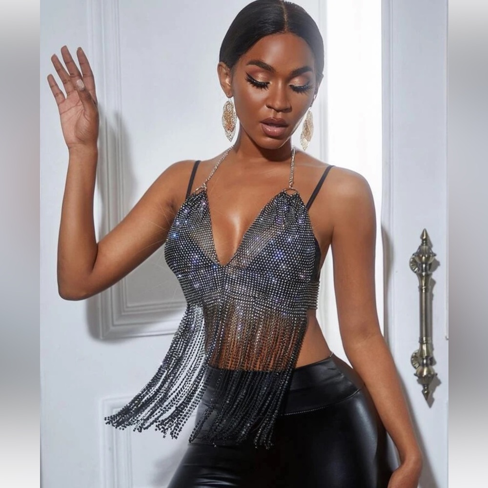 Rhinestone Fringe Trim Backless Metallic Halter Top Without Bra
